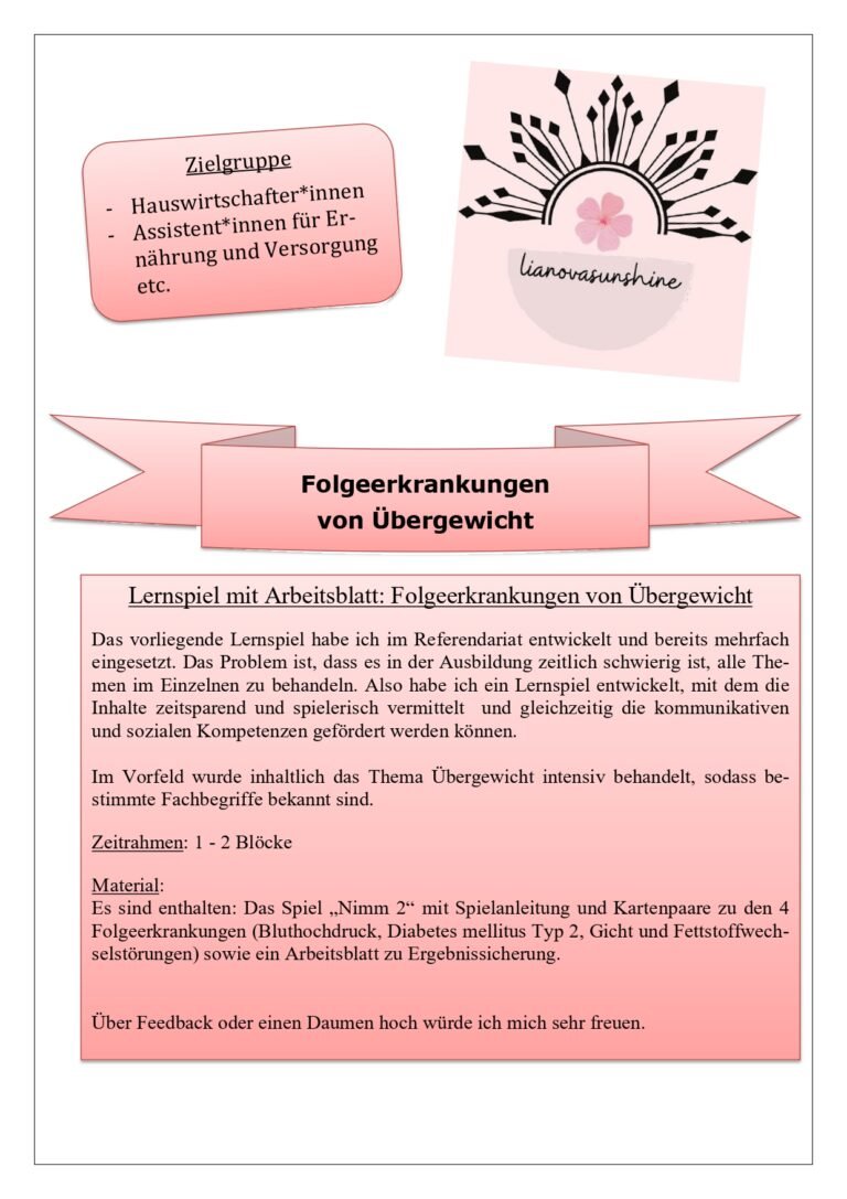 Kartenspiel zu Folgeerkrankungen von Übergewicht inkl. Arbeitsblatt